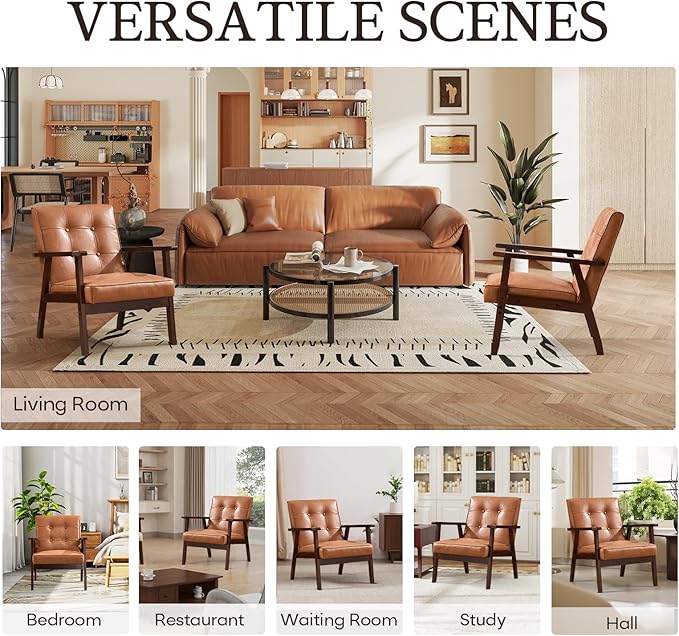 Bonzy Home Mid Century Modern Accent Chair Set of 2 for Living Room, Upholstered Faux Leather Armchair Comfy Retro Bedroom Side Chair with Solid Wood Frame, Orange