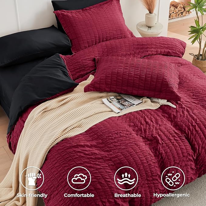 HYMOKEGE Red & Black Full Size Comforter Sets Seersucker 7 Pieces, All Season Luxury Bed in a Bag for Bedroom, Bedding Set with Comforters, Sheets, Pillowcases & Shams