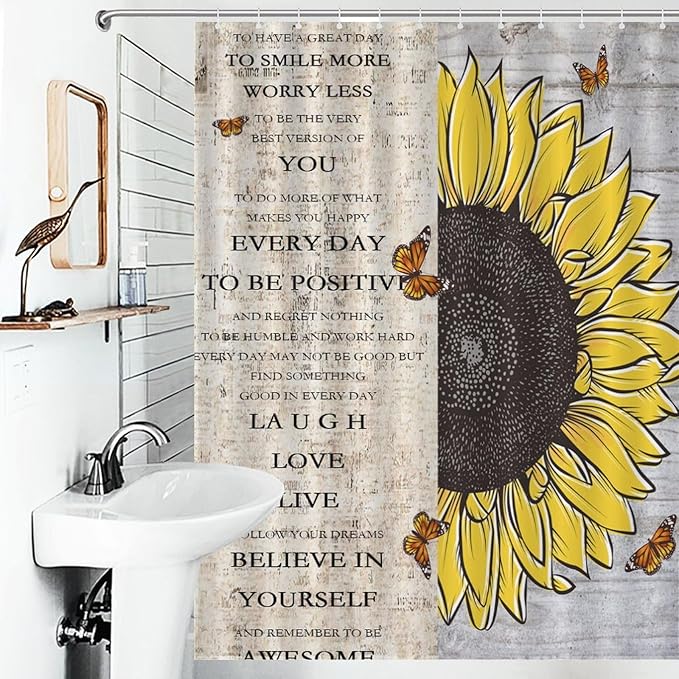 Inspirational Quotes Sunflowers Butterfly Shower Curtain,Vintage Old Newspaper Board Background Sunflower Animals Waterproof Shower Curtains for Bathroom Decor 12 Pack Hooks 55x72in（140x183cm）