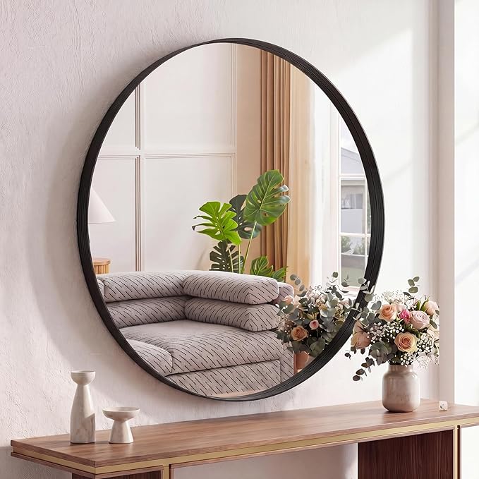 NEWBULIG 28-Inch Round Wall Mirror, Bathroom Wall Circle Mirror with Metal Frame, Bathroom Decor for Entryway, Living Room, Vanity, Black