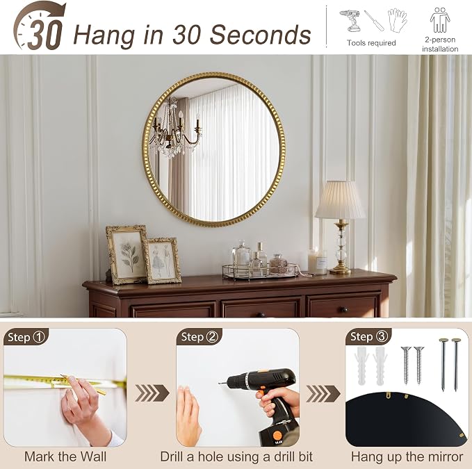 Vintage Gold Round Bathroom Wall Mirror 32" | Large Metal Framed, Decorative Wall Mounted Mirror, For Vanity, Bedroom, Living Room, Entryway, Hallway
