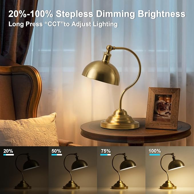 KARTOOSH Cordless LED Table Lamp Set of 2, Battery Operated Desk Lamps with Swing Arm & Plastic Shade, Vintage Small Rechargeable Dimmable Light for Bedroom, Living Room, Nightstand, Brass