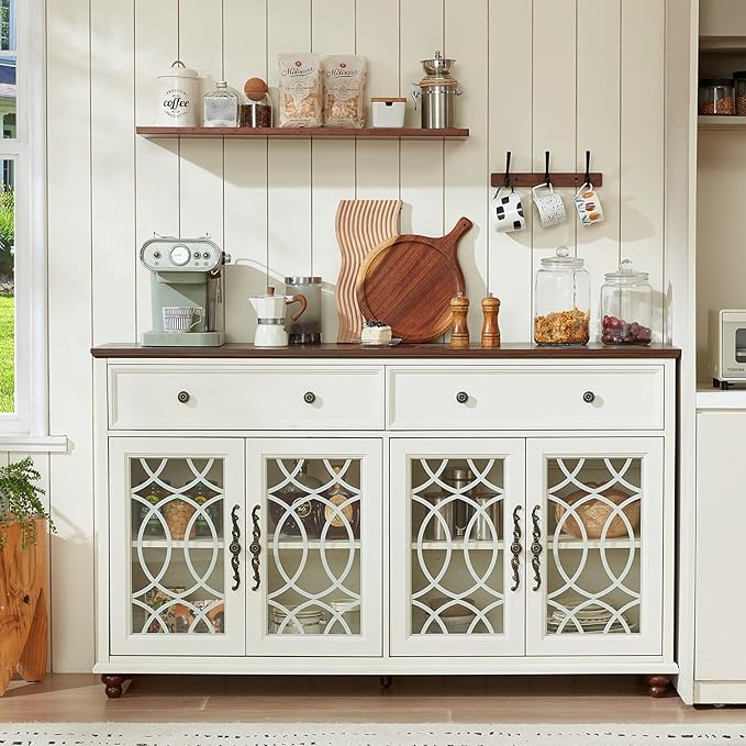 Farmhouse Sideboard Buffet Cabinet Set of 2 with Storage,59" Large Credenza with 4 Glass Door & 2 Drawers,Adjustable Shelves Console Table,Wood Kitchen Coffee Bar for Dining Room,White