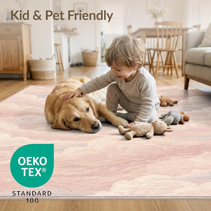 9'x12' Washable Watercolor Cloud Oversized Rug, Blush Pink Non-Shedding Pet Friendly Carpet for Master Suite, California King, Under Bed, Foldable Easy Care Mat | Ref:2208256