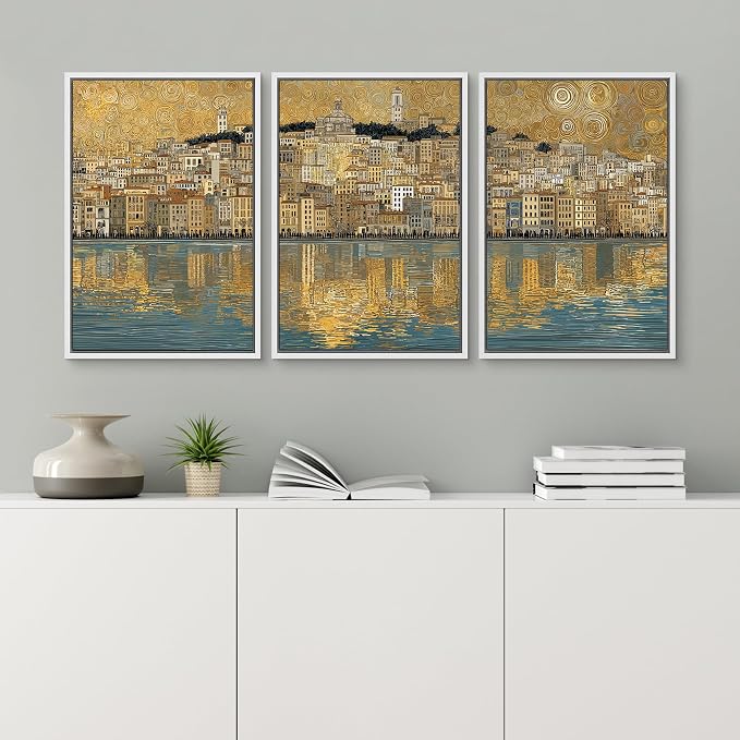 wall26 Framed Print Wall Art Set Golden Cityscape Reflection Gustav Klimt Inspired Coastal TownDecorative Minimal Relax/Zen for Living Room, Bedroom, Office - 24"x36"x3 WHITE