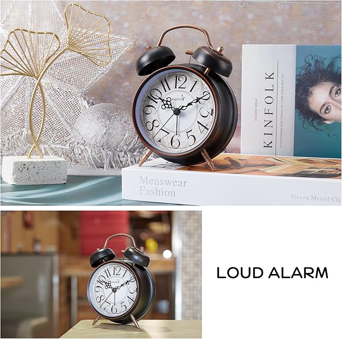 FLOITTUY Loud Alarm for Deep Sleepers 4'' Retro Twin Bell Alarm Clock with Backlight for Bedroom and Home Decoration(Retro Black)