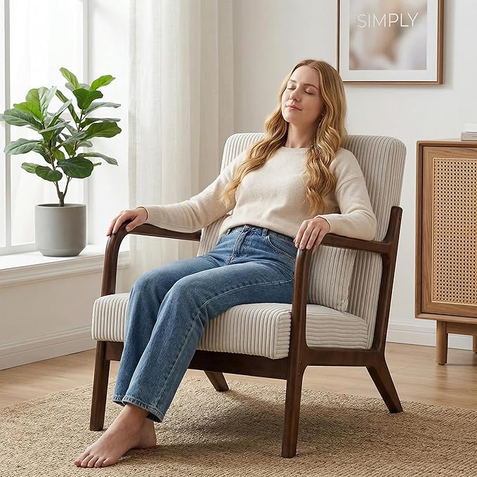 Mid Century Modern Accent Chair, Upholstered Corduroy Armchair with Lumbar Pillow, Solid Rubberwood Frame for Living Room, Bedroom, Waiting Room, White