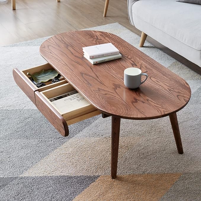 47.24" Solid Wood Coffee Table with 2 Hidden Storage Drawers, Easy Assembly Center Table for Living Room, Walnut Finish with Side Table Function (47.24" Coffee Table with Drawers)