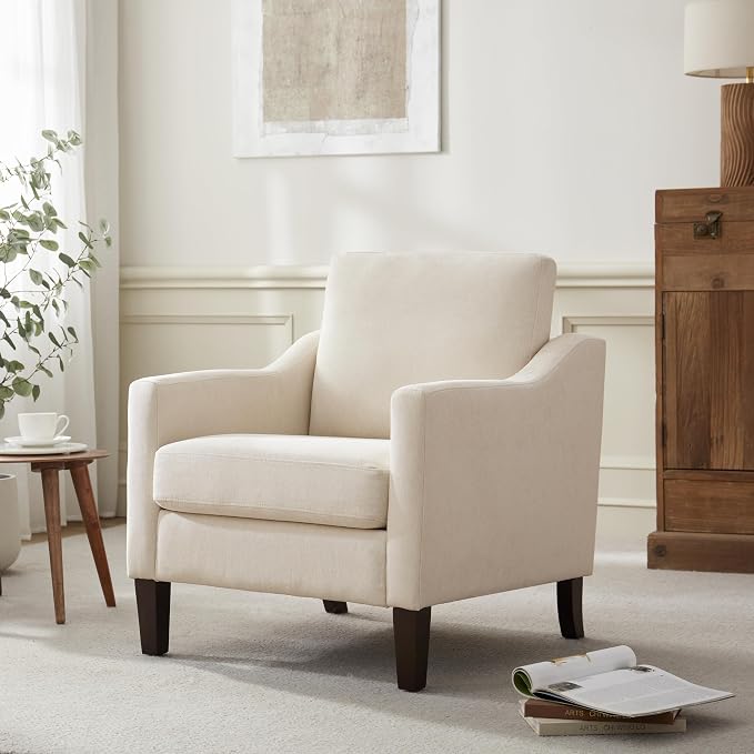 VKNOW Mid Century Modern Accent Chair, Upholstered Living Room Chairs Armchair for Bedroom, Comfy Reading Accent Chairs with Wood Legs for Living Room (2, Beige)
