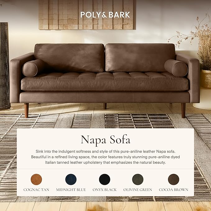 Poly & BARK Napa 88.5" Sofa – Cocoa Brown Full-Grain Pure-Aniline Italian Leather, Feather-Down Cushioning, Kiln-Dried Solid Wood Frame, Walnut Legs