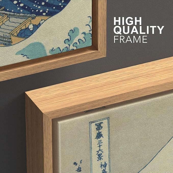 wall26 Framed Canvas Print Wall Art Set The Great Wave Off Kanagawa by Hokusai Cultural Historic Oil Painting Fine Art Reproduction Scenic for Living Room, Bedroom, Office - 16"x24"x3 Natural