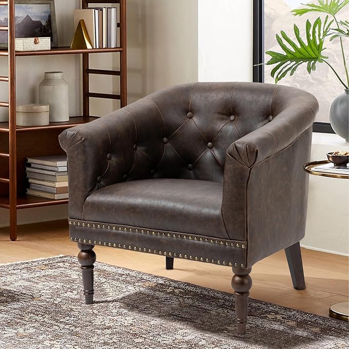 UIXE PU Leather Accent Chair, Barrel Club Chair Modern Upholstered Armchair for Living Room, Comfy Nailed Trim Arm Chair Bedroom Reading Seat, Chocolate
