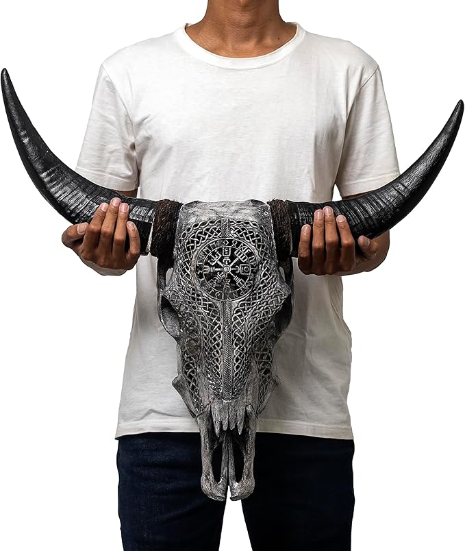Skull Bliss - Hand-Carved Real Authentic Taxidermy Cow Skull/Bull Skull Wall Decor with Horns/Norse Viking Gift for Men/Real Animal Cow Skull Wall Decor (Standard Horns)