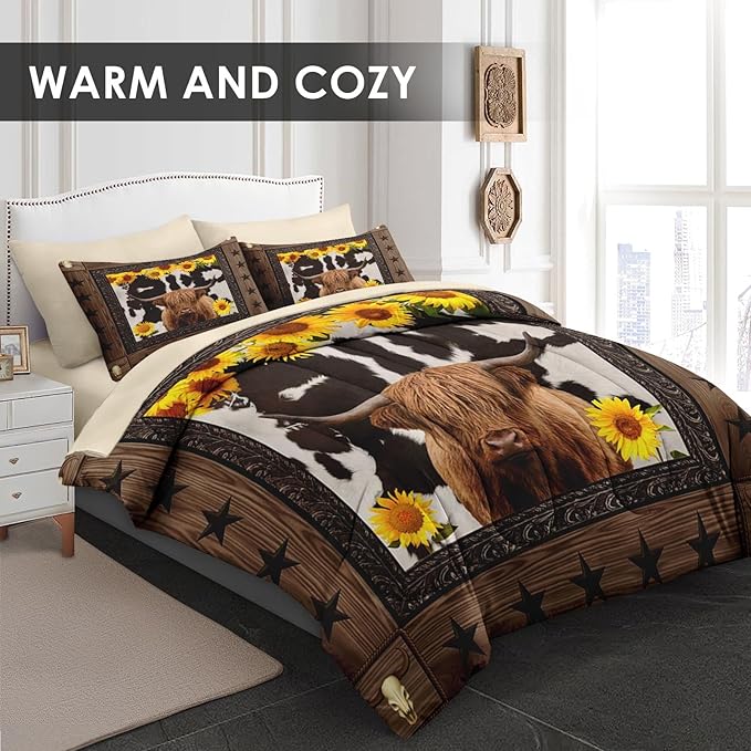 WeCozy 7 Pcs Full Size Comforter Set with 2 Pillowcases & 2 Shams, Brown Highland Cow Sunflower Bedding for Kids and Adults, Bull Animal Farm Bed in a Bag with Flat Fitted Sheet