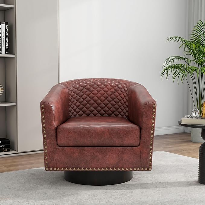 Swivel Barrel Accent Chair, Comfy Modern Upholstered Round Faux Leather Arm Chair for Living Room, Bedroom（Red Brown, Set of 1