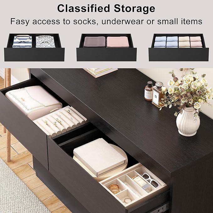 Modern Black 6 Drawer Dresser - Simply Chest of Drawers for Bedroom, Closet, Living Room, Hallway, Entryway, Wood Storage Double Dresser with Smooth Metal Rails - Black