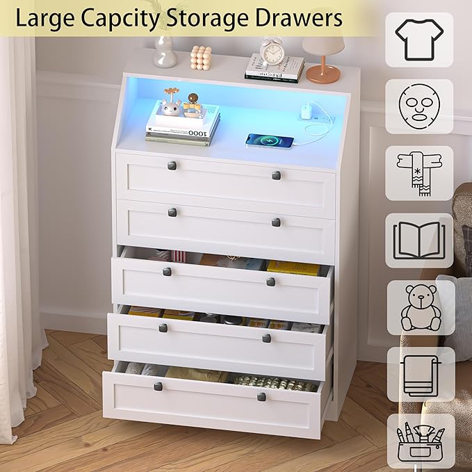 White Dresser Tall 5 Drawer Dresser for Bedroom, Wood Chest of Drawers with LED Lights, Charging Station, Metal Handles, Modern Storage Cabinet and Organizer Drawers for Living Room, Hallway