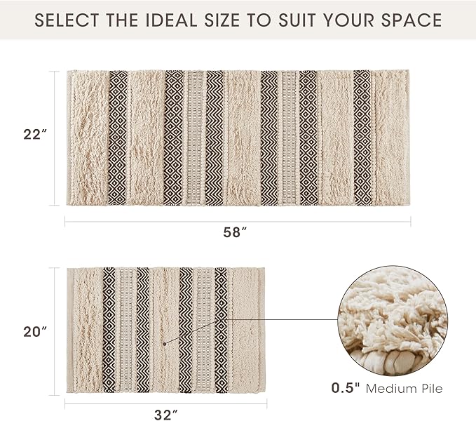 INK+IVY Bath Rug Hand-Woven Texture Shaggy Striped Soft & Water Absorbent, Boho Bathroom Décor Bath-Mats, Non-Slip Absorbent Quick Dry Mats for Tub, Shower Room, Asher, 20x32, Black 1 Piece