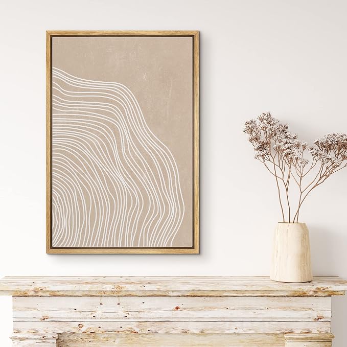 MUDECOR Framed Canvas Print Wall Art White Tan Spiral Wave Wood Ring Landscape Shapes Abstract Illustrations Modern Art Minimal Group Relax/Calm Cool for Living Room, Bedroom, Office - 16"x24" NATURAL
