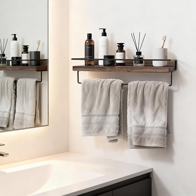 Floating Shelves with Towel Bar - Natural Walnut Hanging Shelf, Wall Mounted Shelving with Metal Frame for Kitchen, Coffee Bar, Entryway, Bedroom