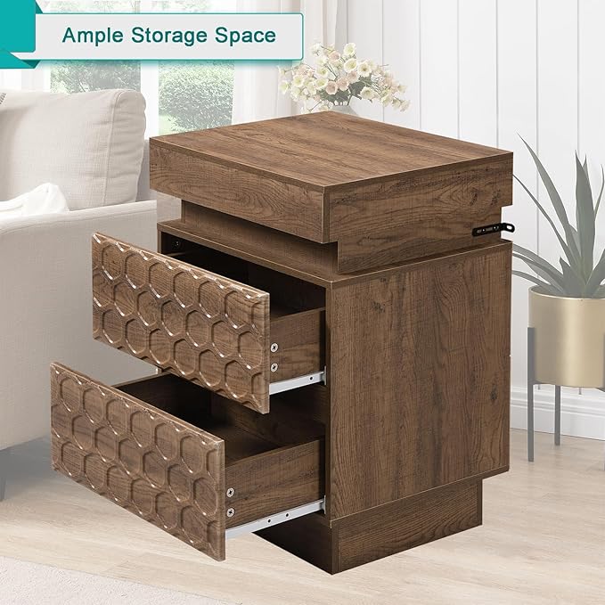 Led Nightstand with Charging Station, Hexagonal Fluted Night Stand with Sliding Top, Wooden Bedside Table with 3 Drawers, Modern Bed Side End Table for Bedroom, Living Room, Walnut Brown