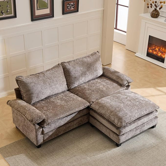 VINGLI Convertible Sectional Loveseat Sofa with Deep Seat &Movable 2-Layer Ottoman, Oversized L-shape Cloud Sofa with Chaise & Armrests, 2-Seat Sofa for Small Spaces & Apartment, Chenille, Light-Brown