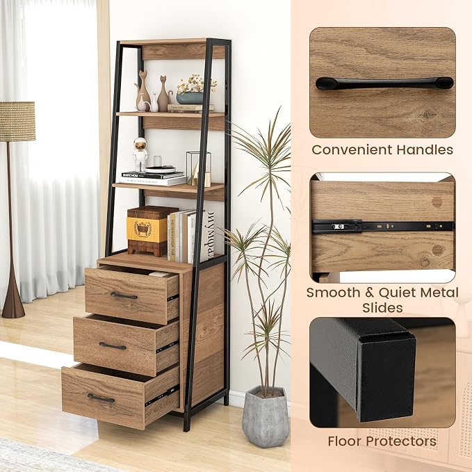 Giantex Ladder Bookshelf with Drawers, 69" Tall Wooden Bookcase with 4 Shelves, Modern Book Shelf Storage Organizer Unit, Freestanding Display Shelving Rack for Living Room, Bedroom (Brown)