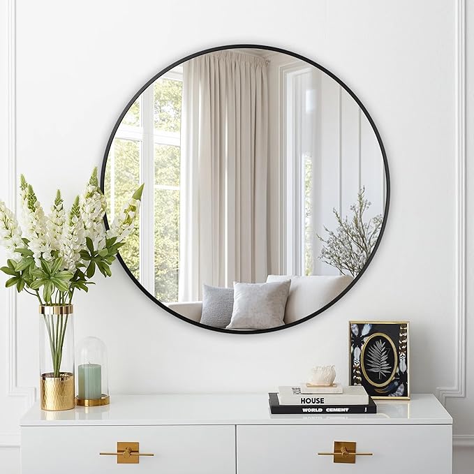 Round Mirror, Wall Mounted Circle Mirror with Brushed Metal Frame, Circular Mirrors for for Bathroom, Living Room, Vanity, Bedroom, Entryway, 30inch, Black