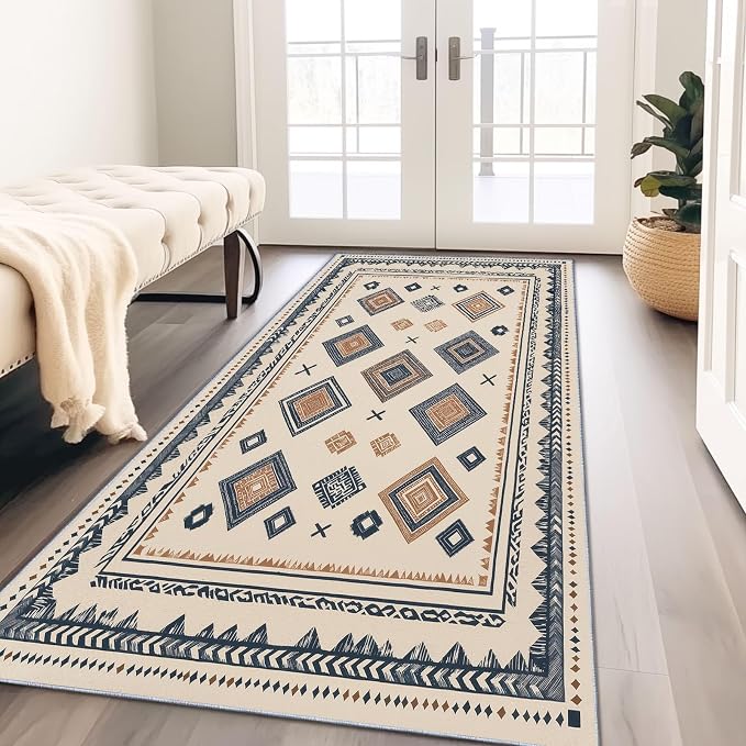 2' x 6' (Runner) Runner Rug,Washable Retro Farmhouse Style Geometric Diamond Non-Slip Kitchen Runners - Low-Pile Distressed Runners Rug for Living Room Or Study Room Laundry Room Bedroom Beige