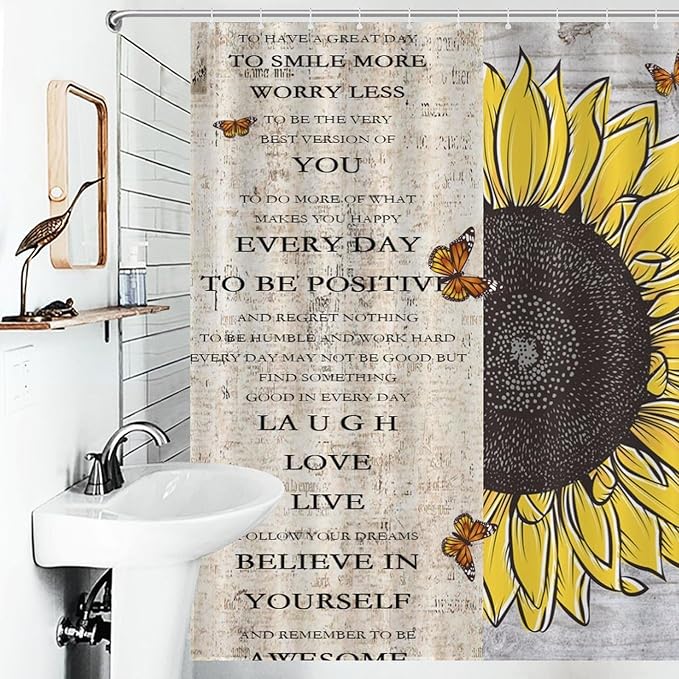 Inspirational Quotes Sunflowers Butterfly Shower Curtain,Vintage Old Newspaper Board Background Sunflower Animals Waterproof Shower Curtains for Bathroom Decor 12 Pack Hooks 66x72in（168x183cm）