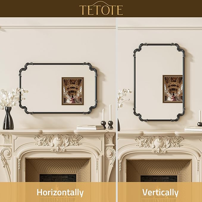 TETOTE Antique Black Rectangle Mirror for Mantle Fireplace 24 x 36 Baroque Vintage Ornate Scroll Wall Mirror with Metal Frame for Traditional Victorian French Decor, Horizontal/Vertical