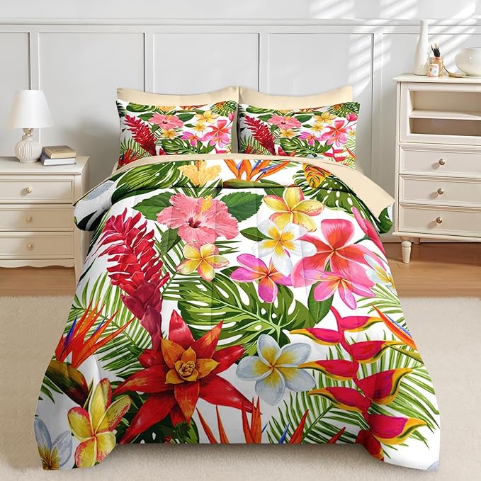 Nesker 5 Pcs Comforter Set Twin Size, Tropical Flower Palm Leaf Bedding Set for Kids and Adults, Leaves Floral Hibiscus Bed Sheet Sets with Fitted Sheet Pillowcases & Shams