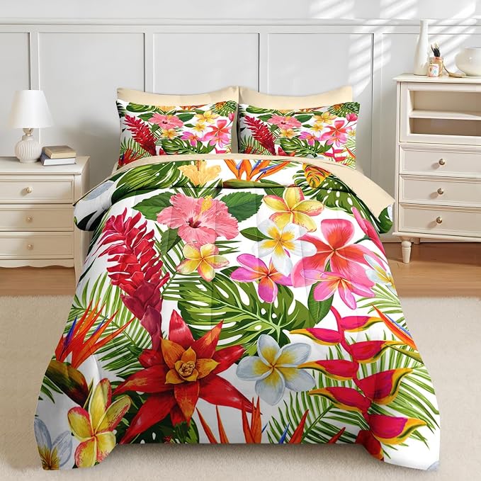 Nesker 7 Pcs Comforter Set Queen Size, Tropical Flower Palm Leaf Bedding Set for Kids and Adults, Leaves Floral Hibiscus Sheets Bed Sheet Sets with Fitted Sheet 2 Pillowcases & 2 Shams