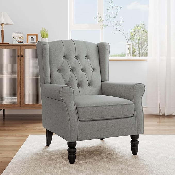 Accent Chair, High Back Upholstered Chair with Button Tufted, Mid-Century Modern Comfy Wingback Chair Reading Armchair in Fabric for Living Room for Bedroom, Office-Light Gray