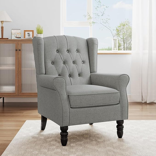 Accent Chair, High Back Upholstered Chair with Button Tufted, Mid-Century Modern Comfy Wingback Chair Reading Armchair in Fabric for Living Room for Bedroom, Office-Light Gray