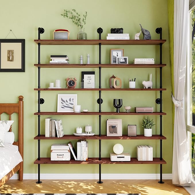 Industrial Ladder Shelf Bookcase, Wall Mounted Rustic Bookshelf, Retro Wood Metal Pipe Industrial Shelves for Living Room(Walnut Brown, 6 Tier - 10" D x 70" W x 82.5" H)