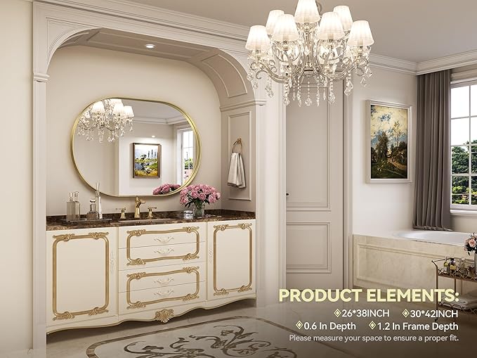 Brightify Gold Oval Mirror for Wall 30x42 Inch, Metal Framed Bathroom Vanity Mirrors, Modern Pill Shaped Mirror for Bedroom Living Room Wall Decorative Hang Vertical and Horizontal