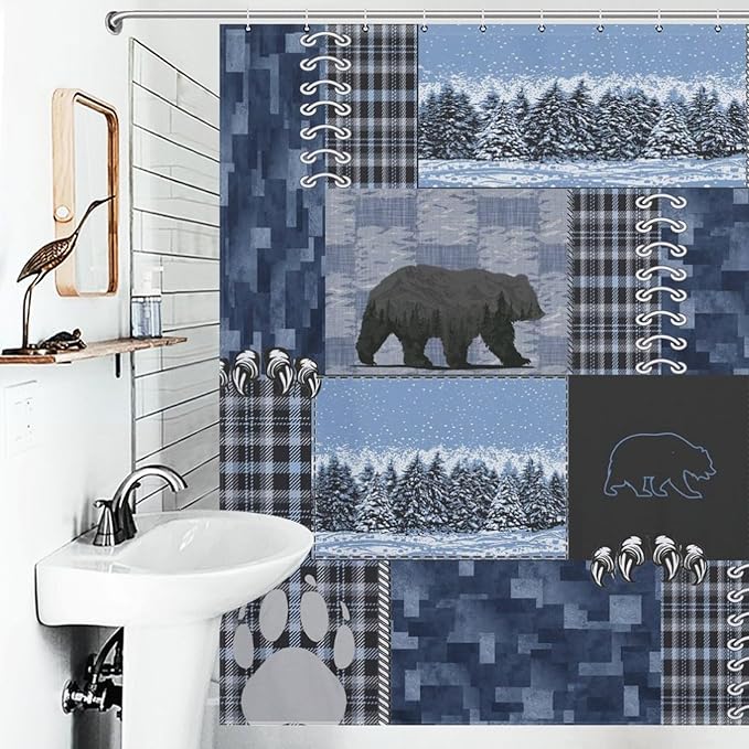 Vintage Rustic Bear Cabin Shower Curtain Board Country Retro Wild Animal Snow Farmhouse Lodge Waterproof Shower Curtains for Bathroom Decor 12 Pack Hooks 72x72in (183x183cm)