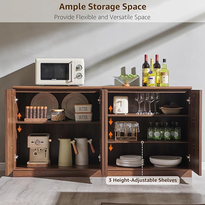 ACCOHOHO Buffet Cabinet with Storage & Arched Doors, 31.5 Inch Wood Sideboard W/Adjustable Shelf, Modern Coffee Bar Tables Accent Cabinets for Living Room,Kitchen or Entryway (Brown, 2 Piece)