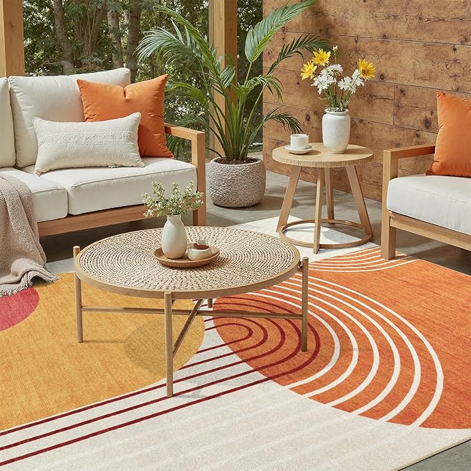 DCX Abstract Machine Washable 3x5 Rug, Mid Century Modern Rug for Living Room, Soft Low Pile Non Slip Carpet, Kid & Pet Friendly Stain Resistant Rug for Bedroom Dining Room Office, Orange & Yellow