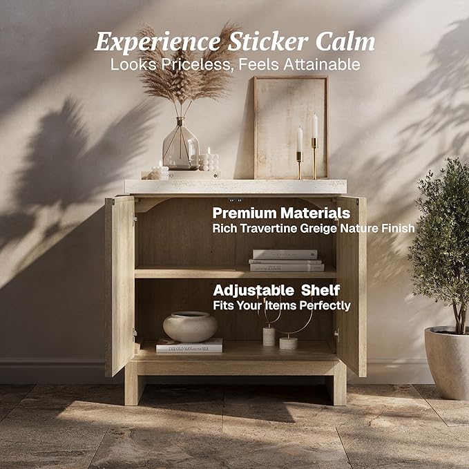 BELLEZE Anton 2 Door Sideboard Buffet Cabinet with Travertine-Look Top, Fluted Reeded Doors, Adjustable Shelf Storage Credenza for Dining Room Living Room Entryway, Travertine Greige