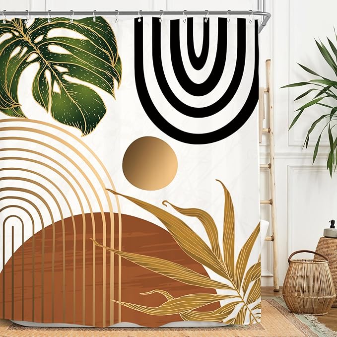 Miyotaa Abstract Mid Century Shower Curtain Set 60Wx71H Inches Minimalist Aesthetic Modern Contemporary Plant Leaves Neutral Rust Vintage Polyester Waterproof Bathroom Curtain with 12 Hooks