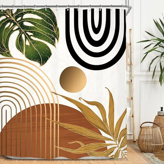 Miyotaa Abstract Mid Century Shower Curtain Set 60Wx71H Inches Minimalist Aesthetic Modern Contemporary Plant Leaves Neutral Rust Vintage Polyester Waterproof Bathroom Curtain with 12 Hooks