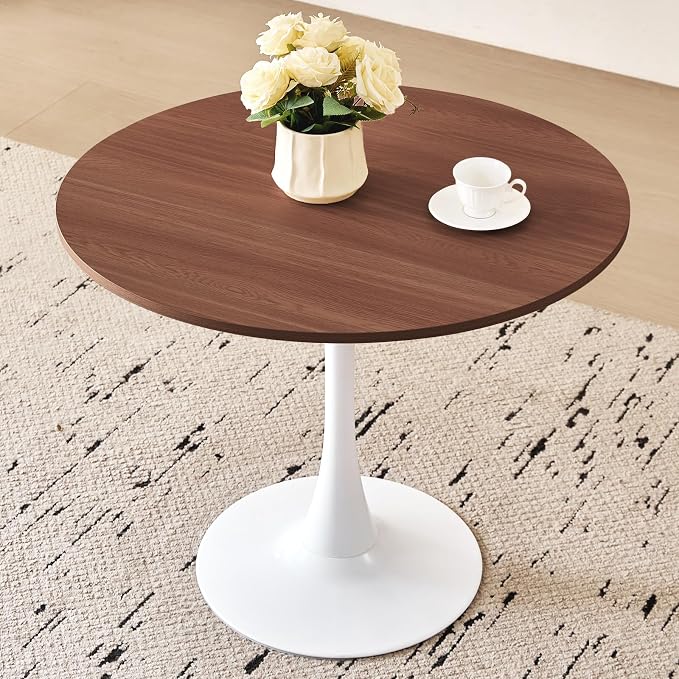 31.5" Round Dining Table for 2-4 Modern Circle Tulip Table with Metal White Tulip Pedestal Base for Kitchen Dining Living Room Apartment Small Space Cafe, Brown
