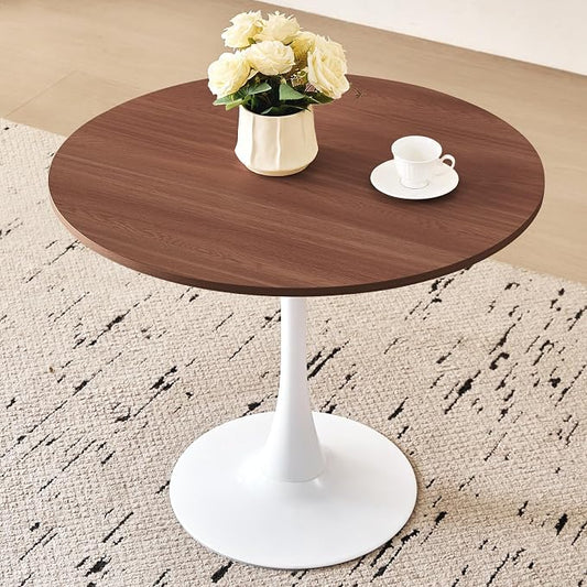 31.5" Round Dining Table for 2-4 Modern Circle Tulip Table with Metal White Tulip Pedestal Base for Kitchen Dining Living Room Apartment Small Space Cafe, Brown