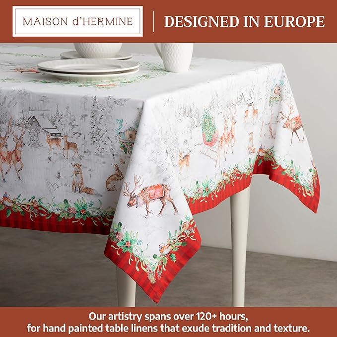 Maison d' Hermine Table Cloth Rectangle Table 100% Cotton 60 x 90 Inches Fall Tablecloth Reusable Everyday Use for Thanksgiving Christmas Decorations Dining Farmhouse Party (Christmas Tradition)