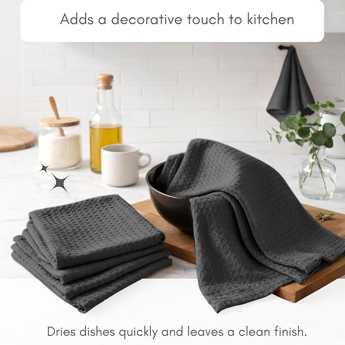 TWINY threads Grey Waffle Weave Dish Towels, 6 Pack, 16x26 Inches, Premium 100% Cotton Kitchen Linen Set, Absorbent Tea Cloths for Cleaning, Drying Dishes, Machine Washable, Durable, Quick Dry, Gray