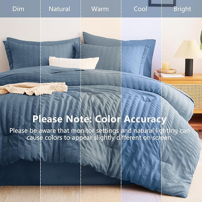 CozyLux Queen Comforter Set Grayish Blue, 7 Pieces Seersucker Textured Luxury Bed in a Bag, Dusty Blue All Seasons Bedding Sets with Down Alternative Comforter, Sheets, Pillowcases & Shams, Home Gift