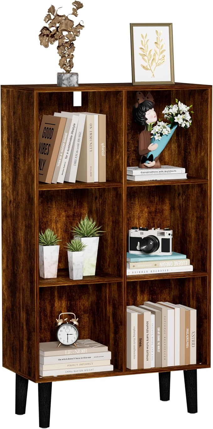 6 Cube Bookcase, Wooden Book Shelf Cube Storage Organizer with Legs, 3 Tier Bookshelf Freestanding Open Shelves for Bedroom, Living Room and Home Office (Brown, 6 Cube Vertical)