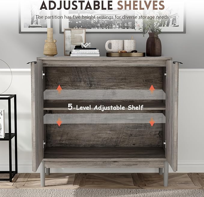 Fluted Cabinet with Storage, Small Buffet Cabinet Sideboard with Door, Kitchen Buffet Storage Accent Cabinets with Adjustable Shelves for Living Room, Entry, Hallway, Gray